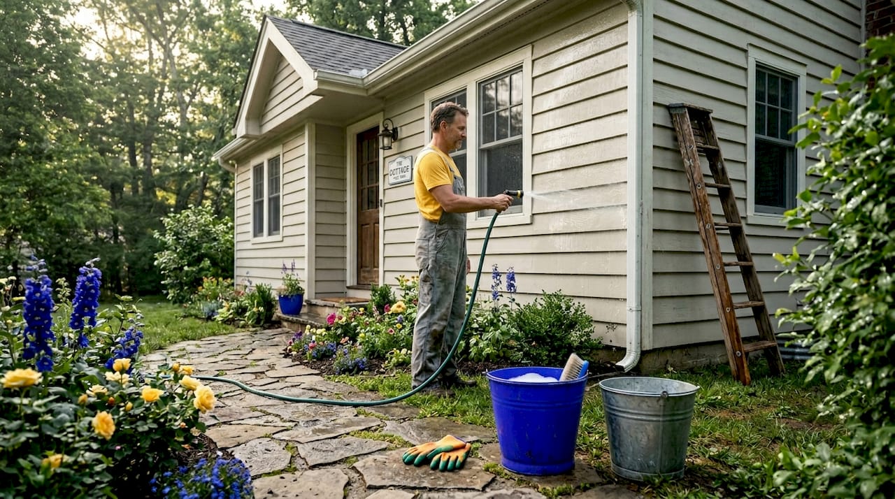 Homeowner rinsing siding during exterior clean