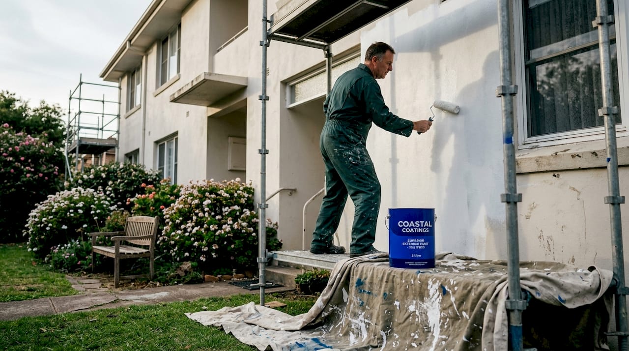 Painter working on multi-unit building exterior