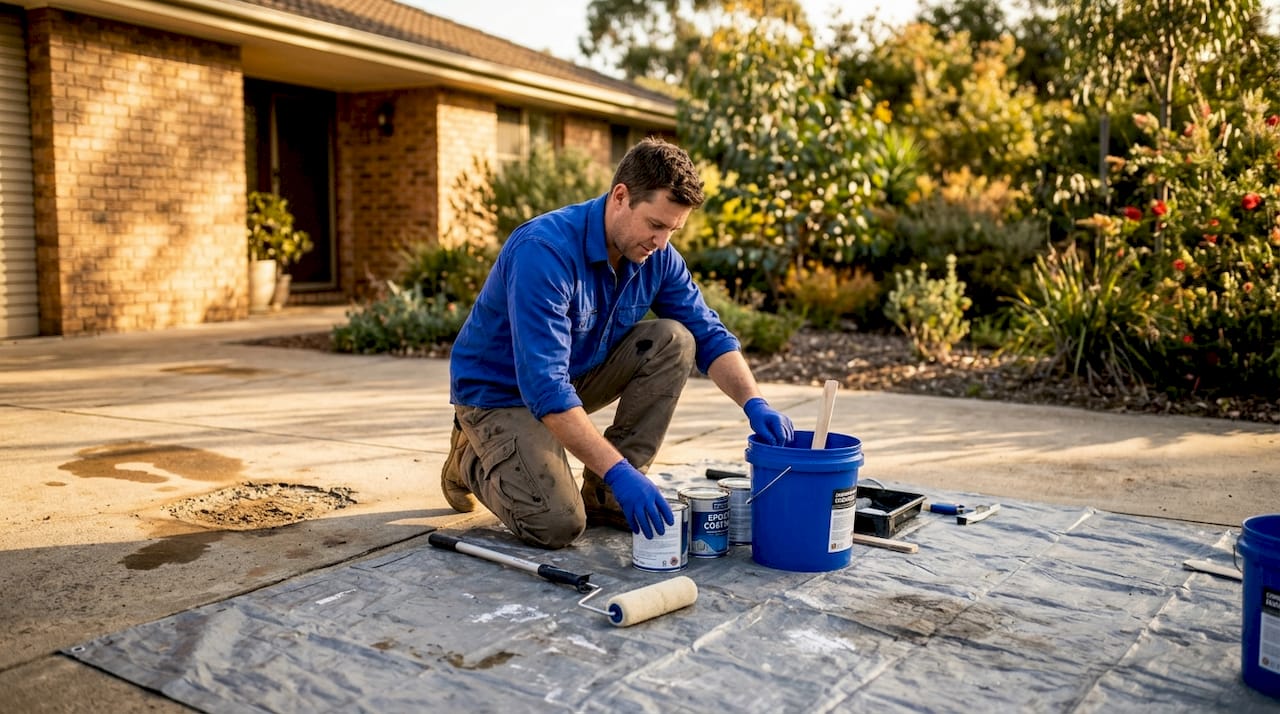 Homeowner preparing epoxy tools on driveway