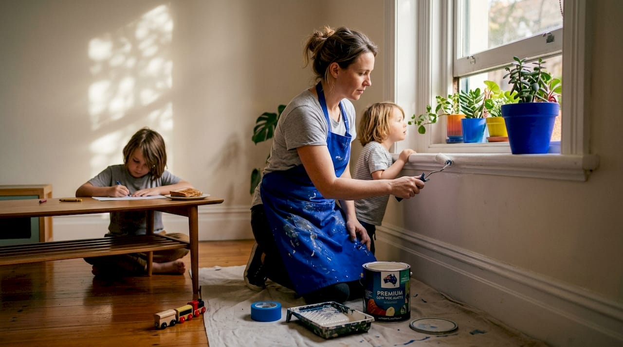 Family painting living room with low VOC paint
