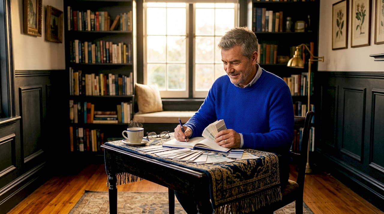 Homeowner reviews paint swatches in heritage room