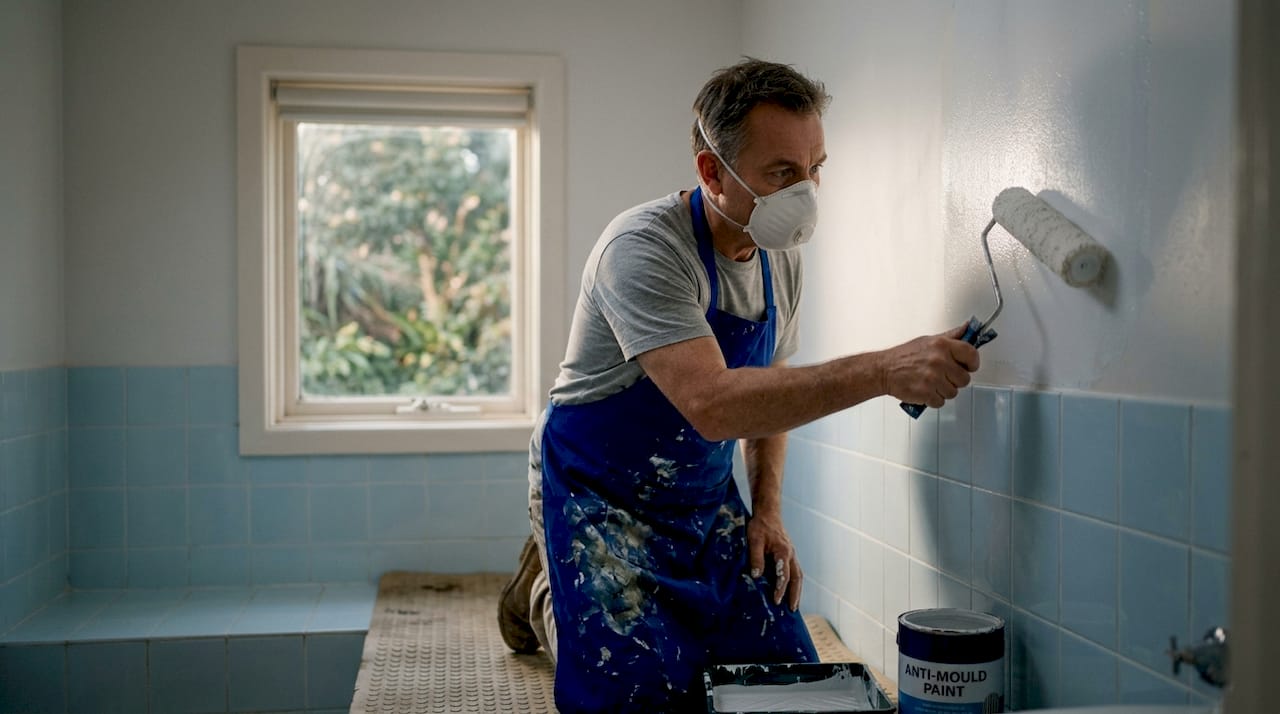 Painter applying anti-mould paint indoors bathroom