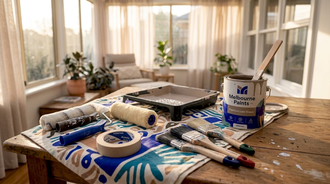 Essential home painting tools on table