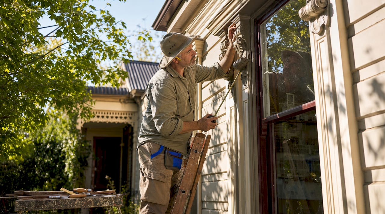 Craftsman inspecting exterior woodwork on heritage home