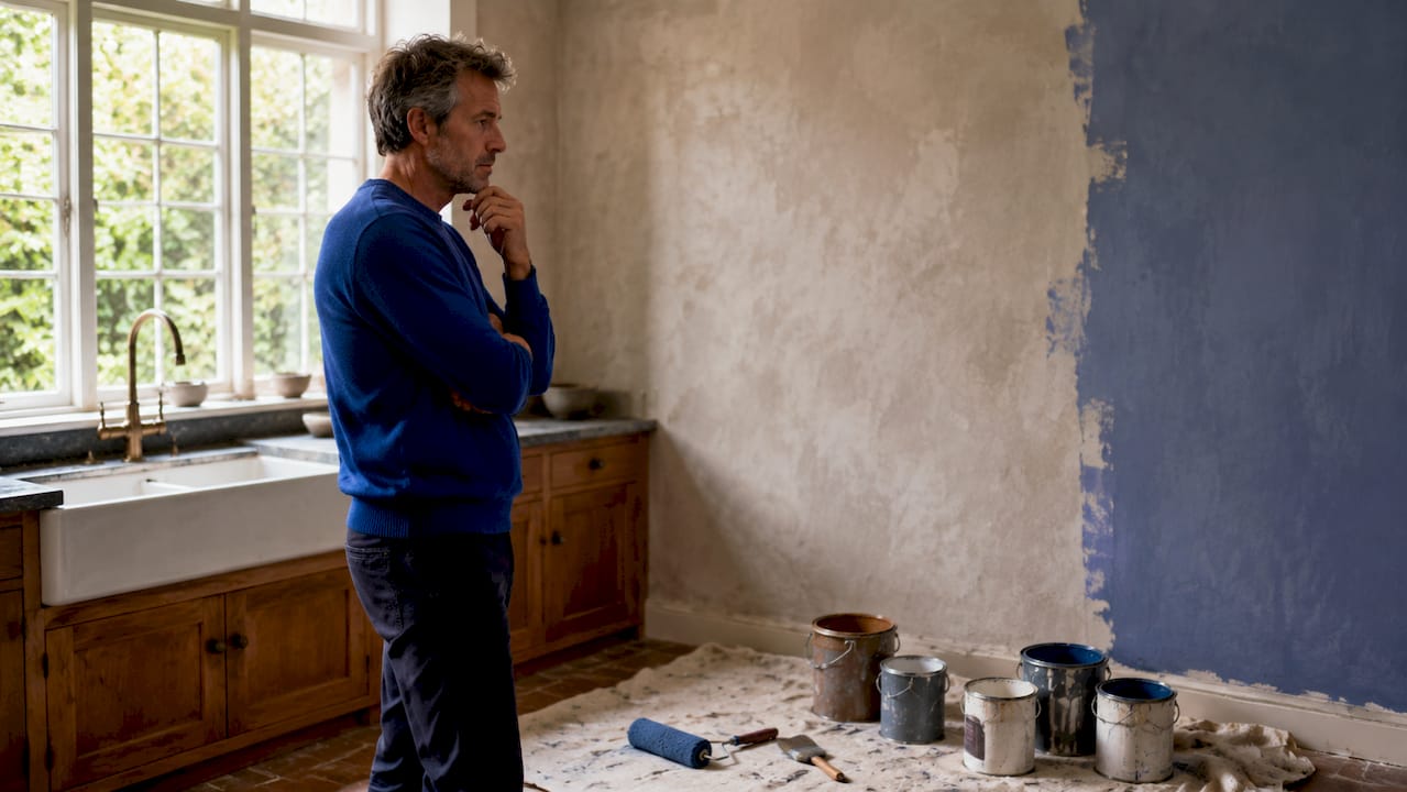 Homeowner comparing painted walls with different paint types