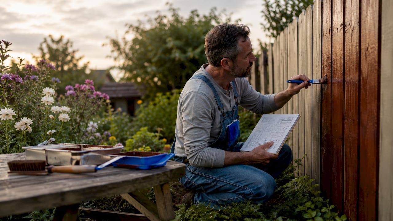 Homeowner inspecting coated wooden fence outdoors
