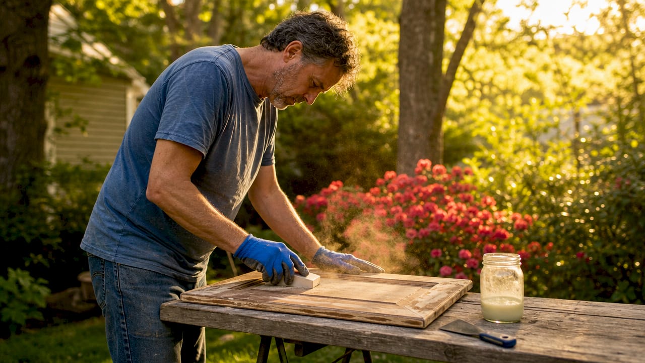 Homeowner sanding wooden surface for prep