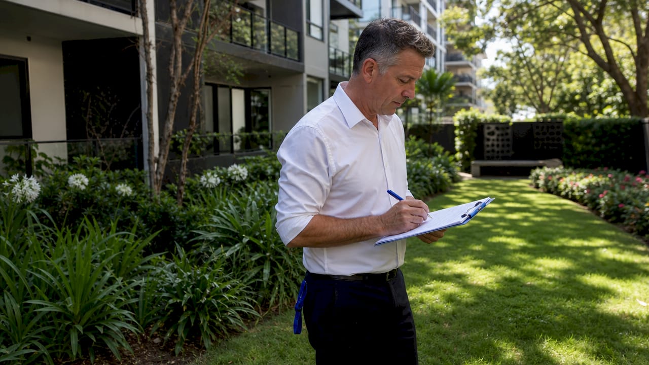 Man inspecting apartment building exterior