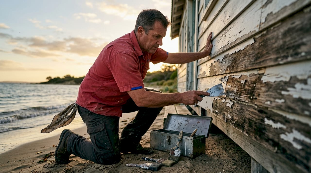 Painter preparing wooden house surface outdoors