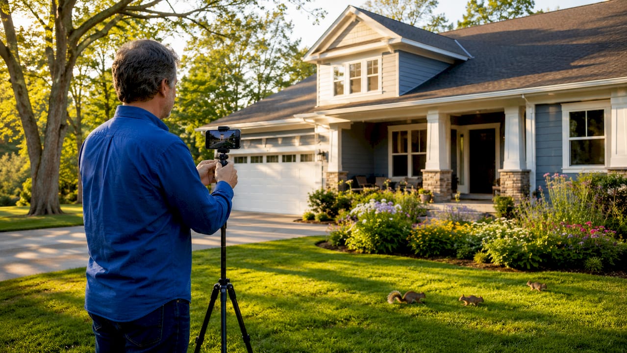 Man photographing home's exterior for curb appeal