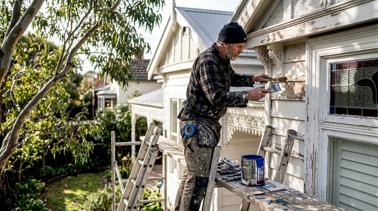 Heritage painter inspecting period home exterior