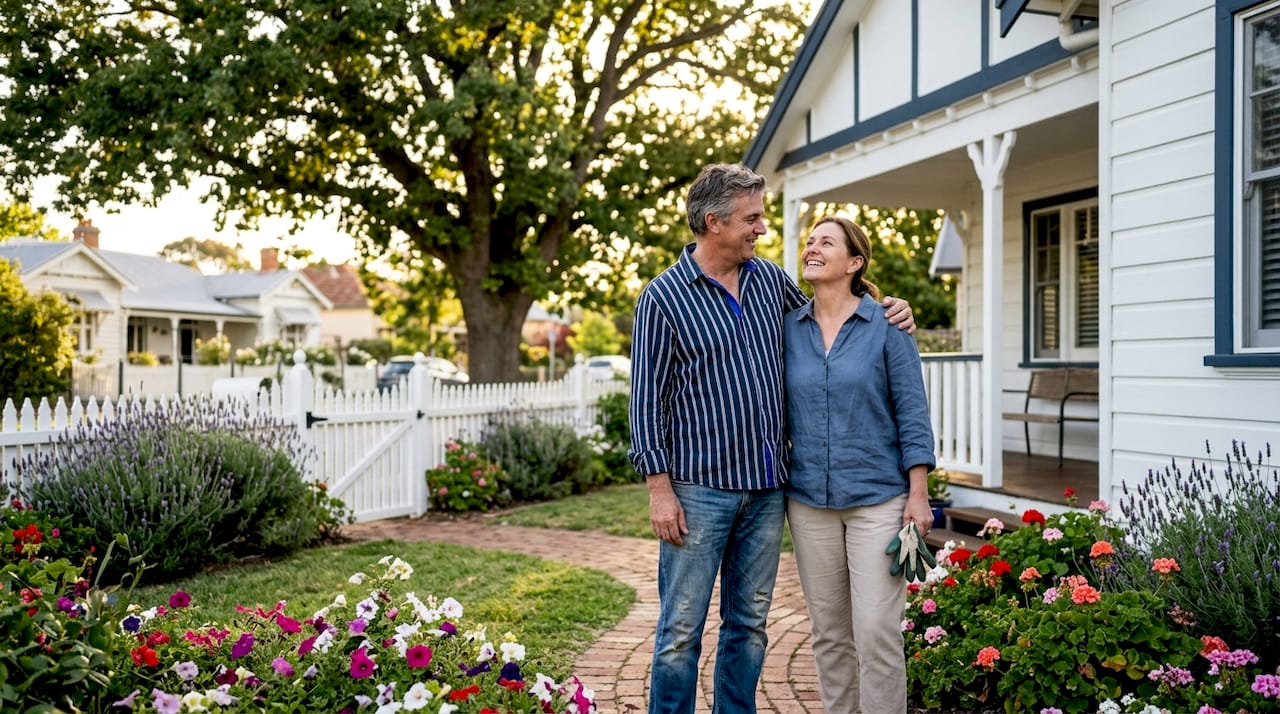Couple admiring their home's attractive curb appeal