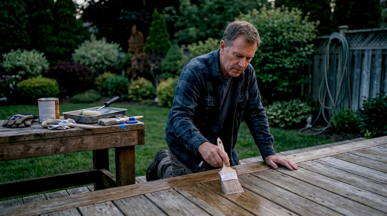 Man sealing wooden fence outdoors in backyard