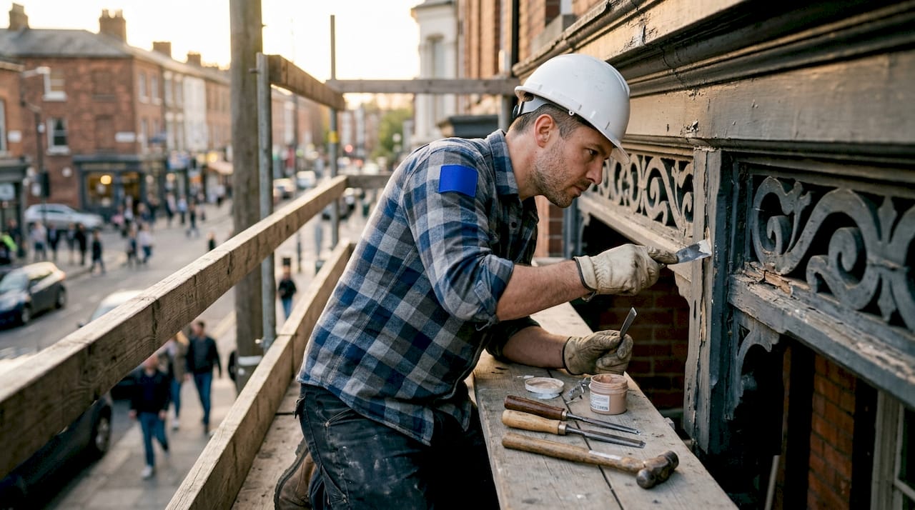 Worker repairing Victorian home exterior trim