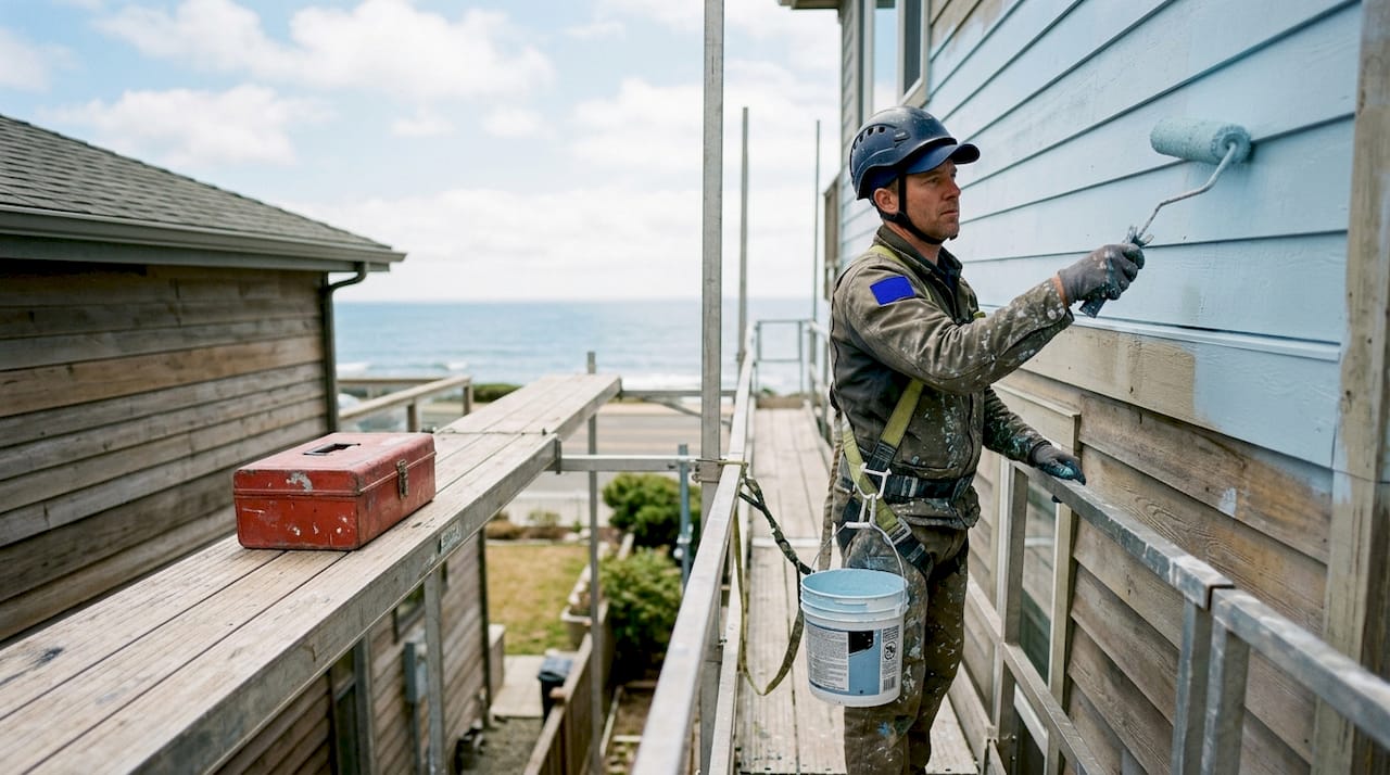 Painter applying paint on scaffold at height