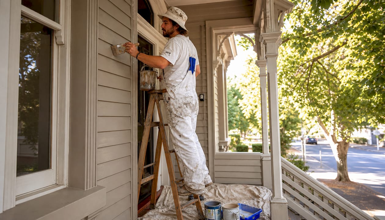 Painter applying warm cream paint to heritage home exterior