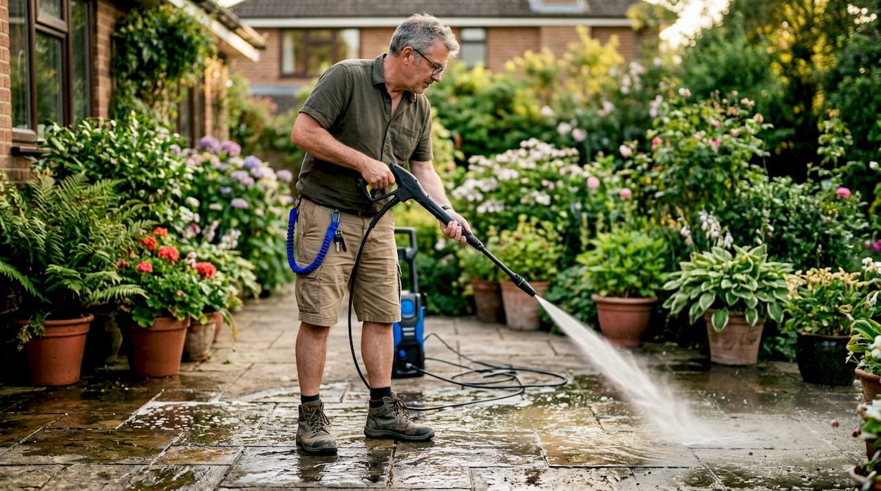 Homeowner pressure washing concrete driveway outdoors