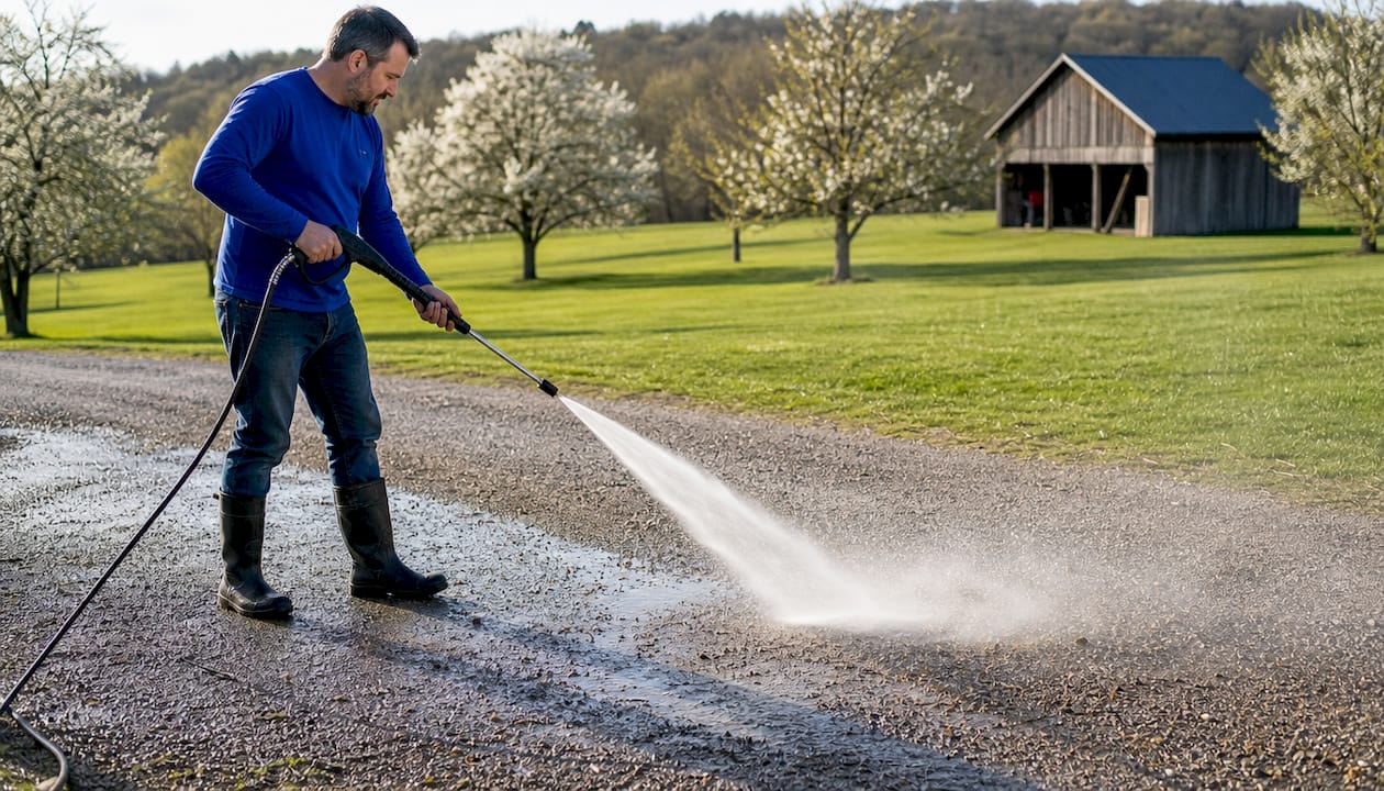 Homeowner pressure washing driveway outdoors