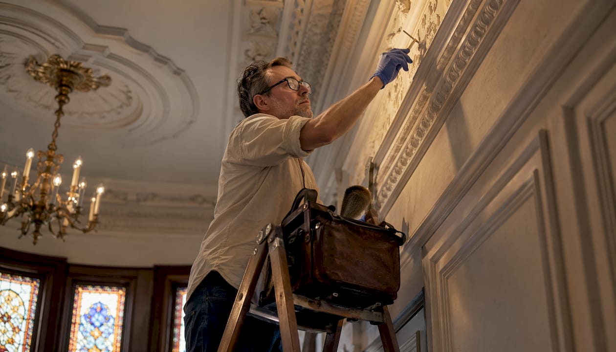Restorer inspecting ornate plaster ceiling