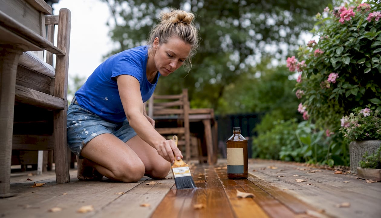 Homeowner applying timber sealer to outdoor deck