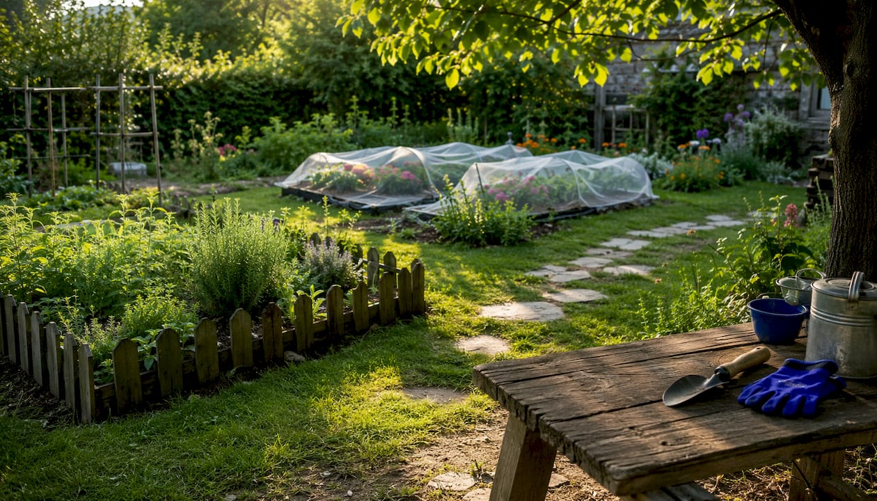 Top-down view of varied garden protective coverings