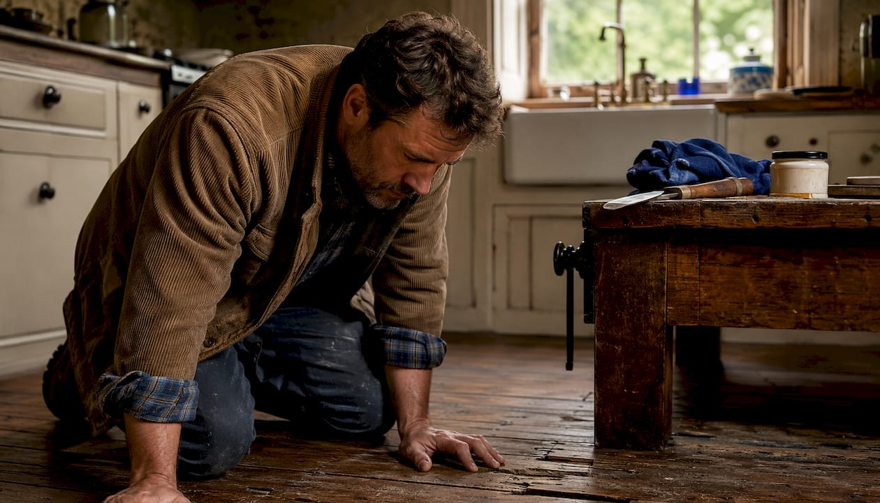 Heritage restorer inspecting timber floors in vintage home