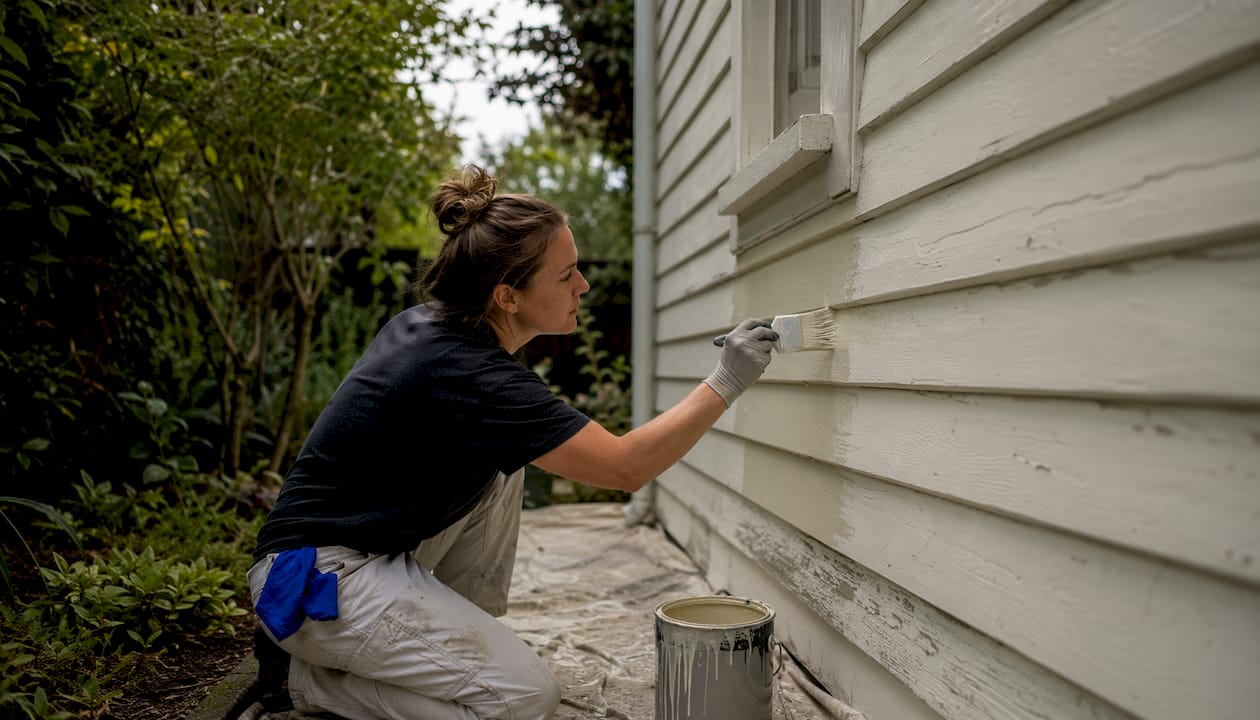 Hands painting weatherboard timber on Edwardian home