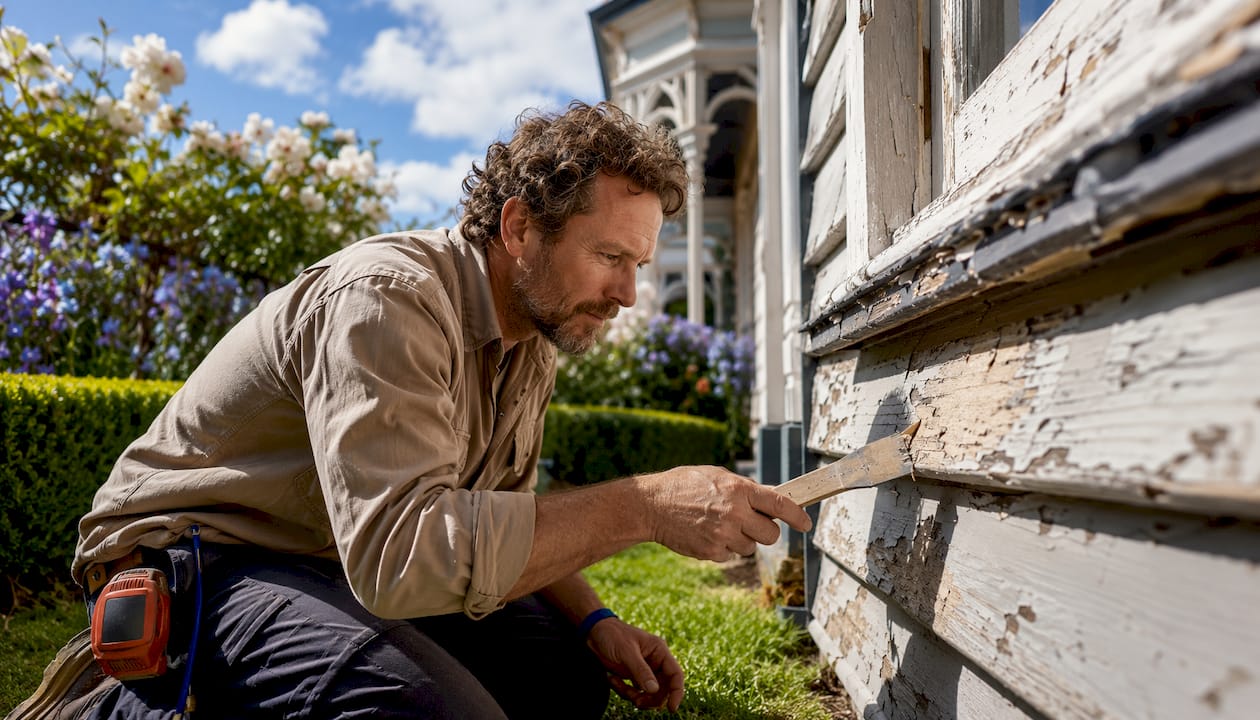 Restoration specialist inspecting Victorian weatherboard cladding