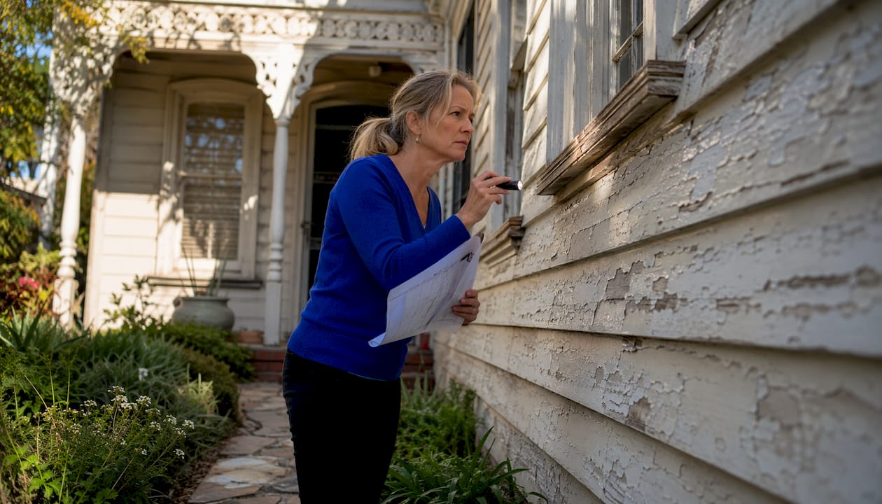 Woman assessing house exterior for repainting