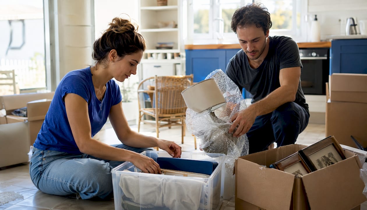 Couple packing and preparing room for painters arrival