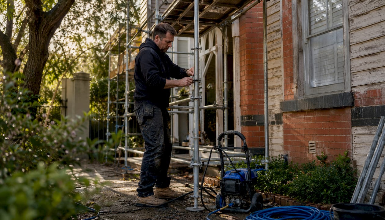 Tradesman preparing scaffolding for house painting