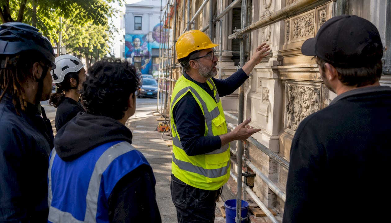 Facade restoration specialist briefing workers outdoors
