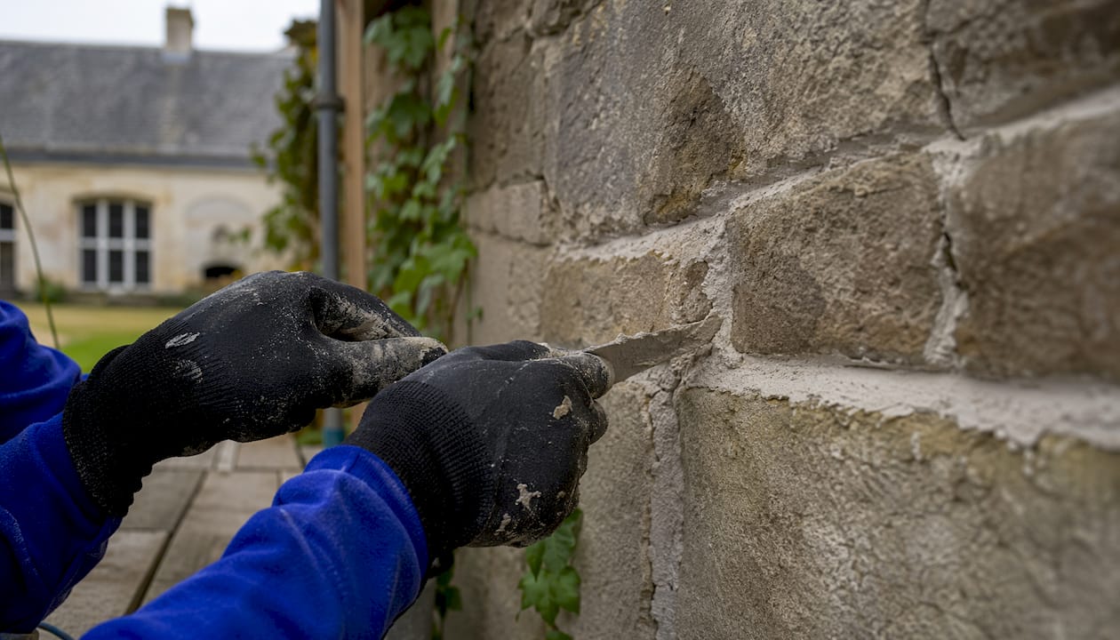 Close-up of mortar repointing on historic brick wall