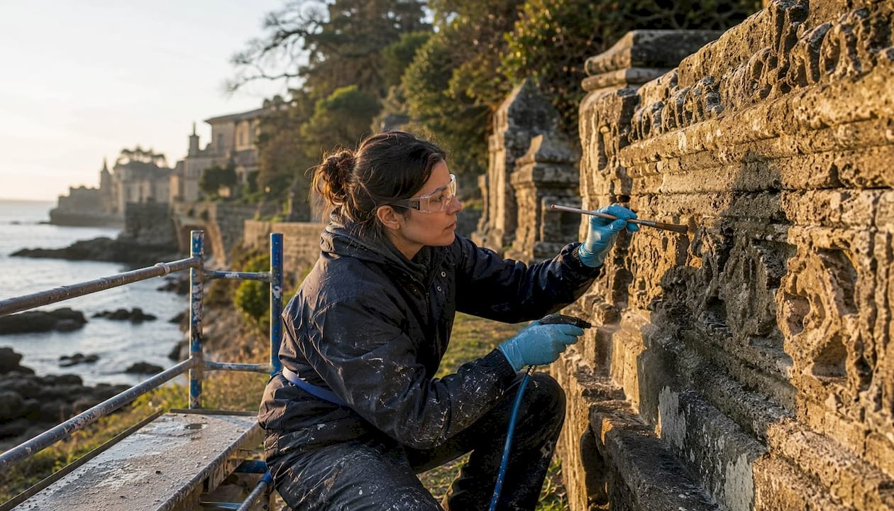 Conservator cleaning natural stone facade outdoors
