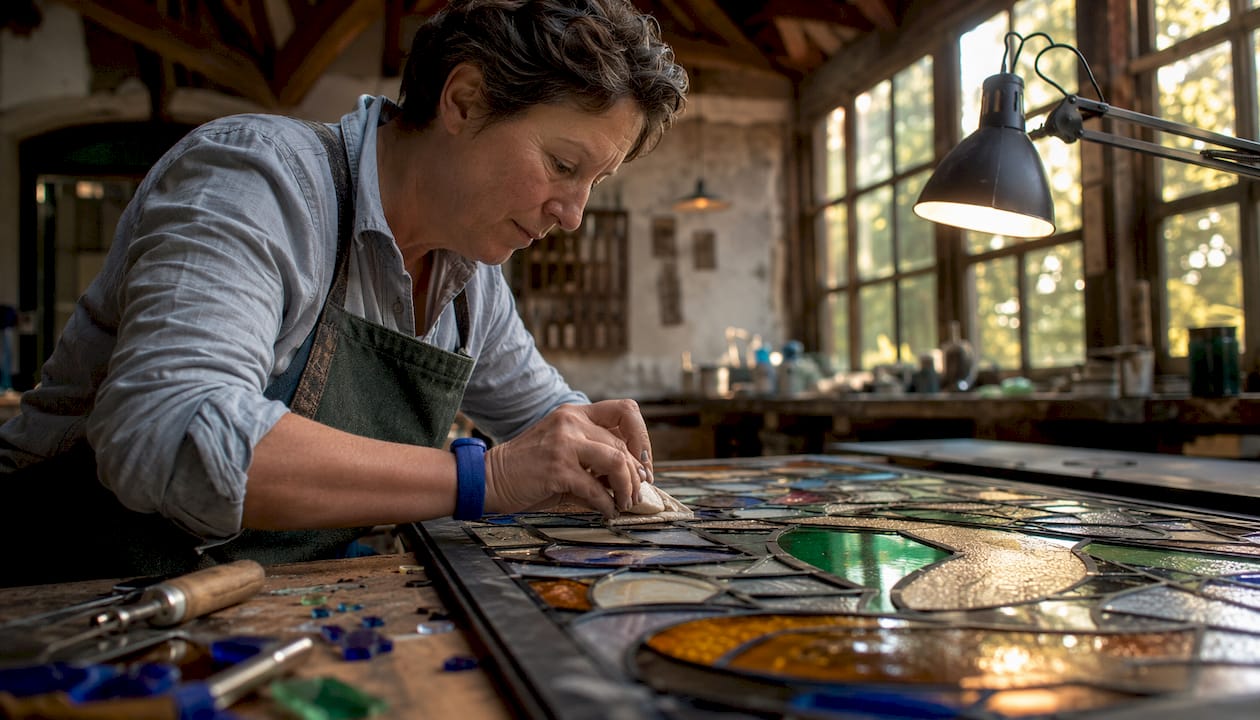 Conservator restoring stained glass window indoors