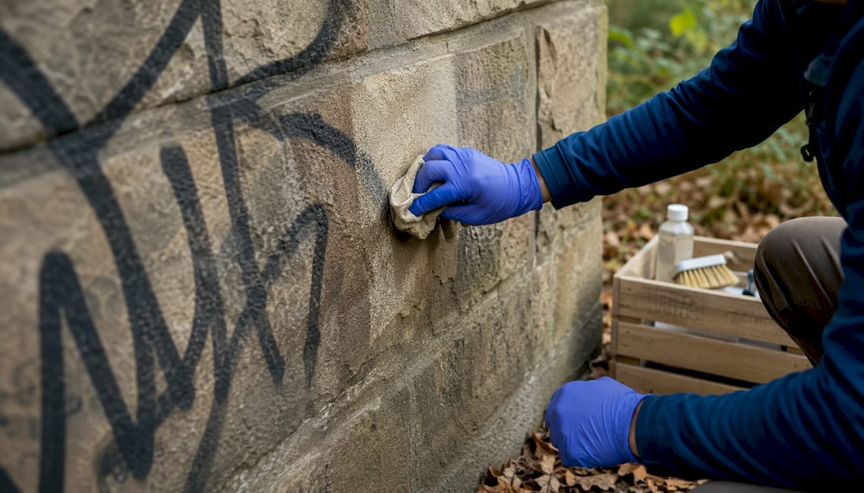 Hands cleaning graffiti from coated sandstone surface