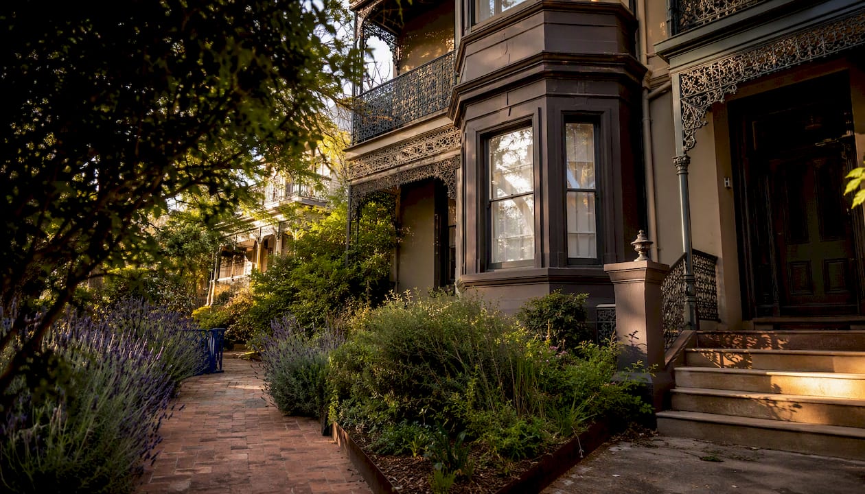 Victorian terrace home facade in Melbourne, late afternoon light
