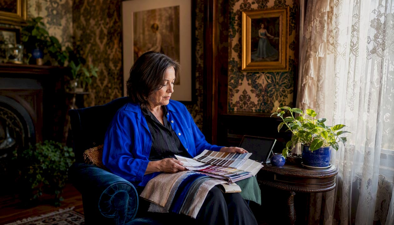 Woman working on Victorian interior design samples
