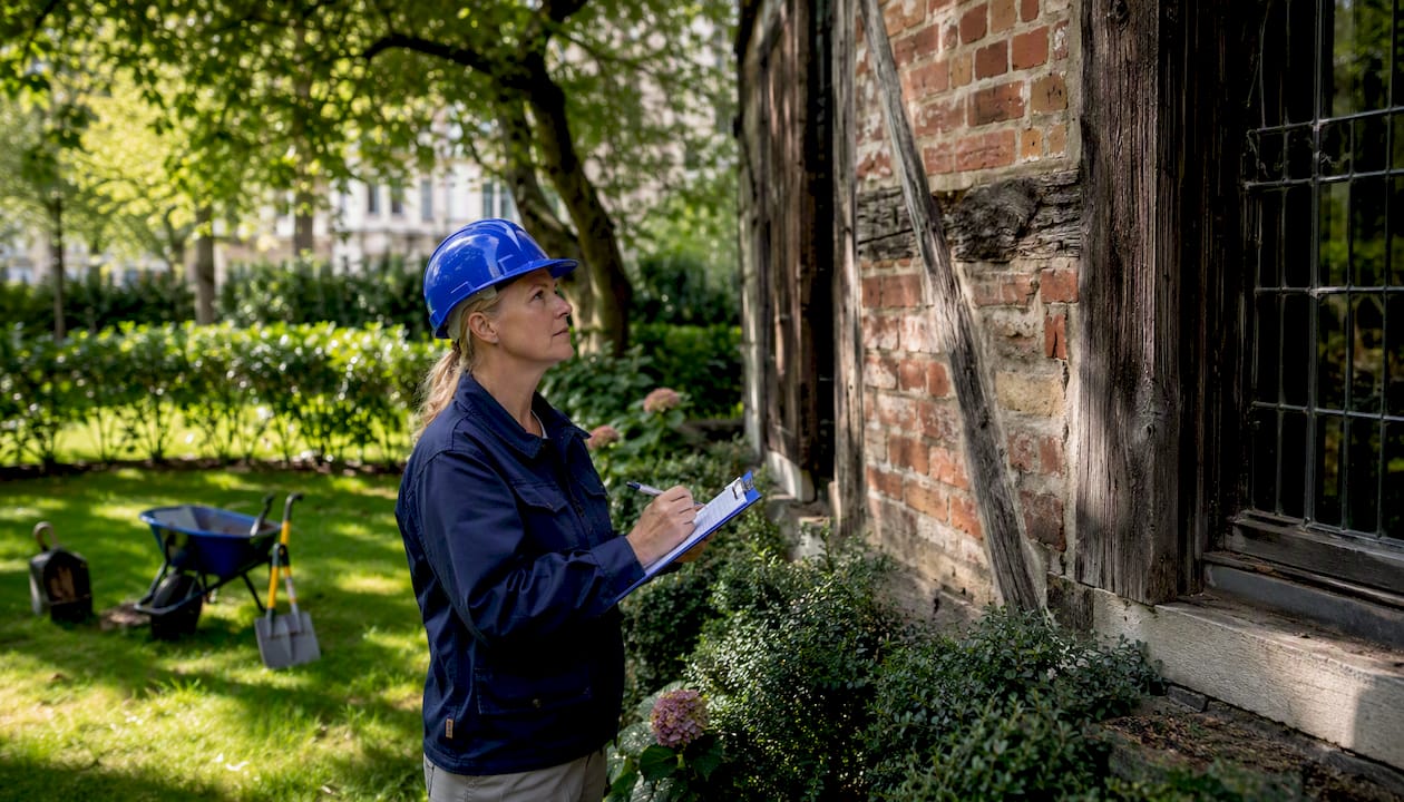 Inspector examining heritage house exterior