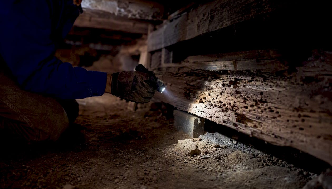 Inspecting decayed timber beam for pest damage
