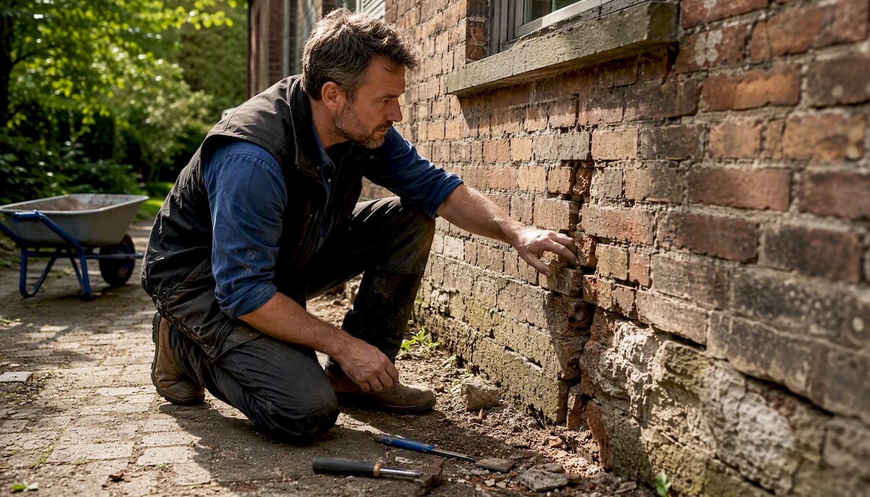 Hands inspecting cracked heritage house foundation