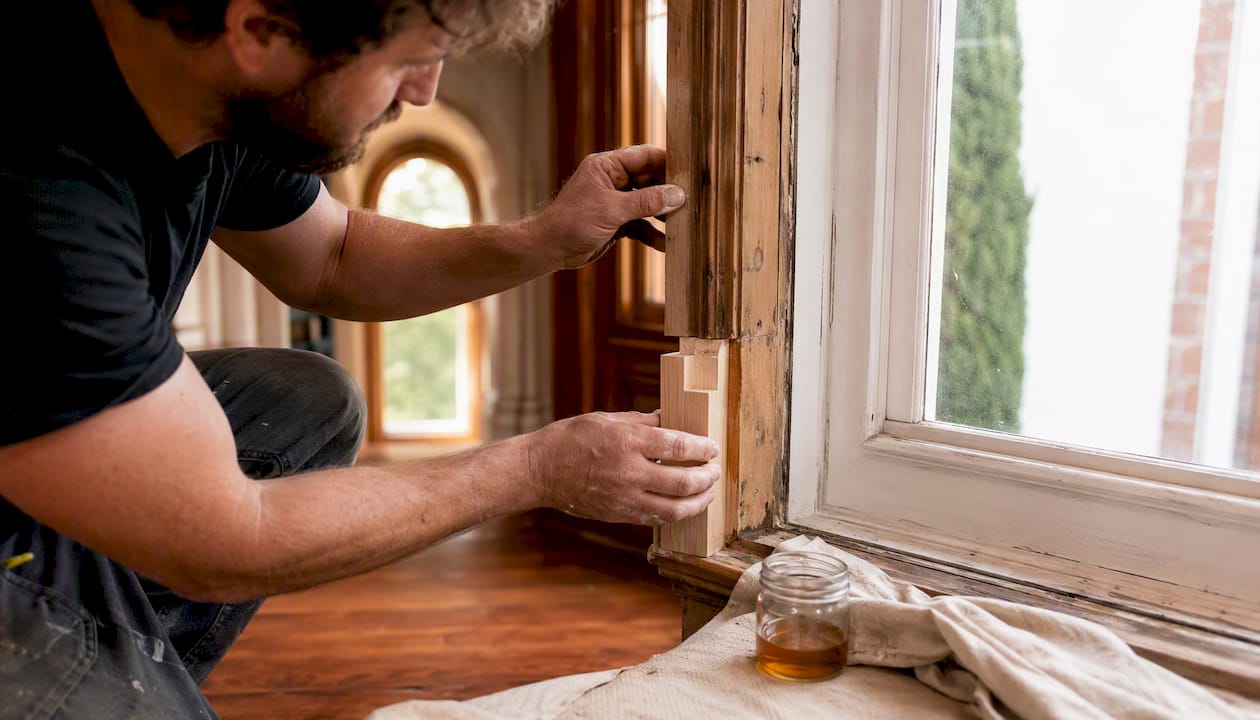 Craftsman splicing heritage timber joinery