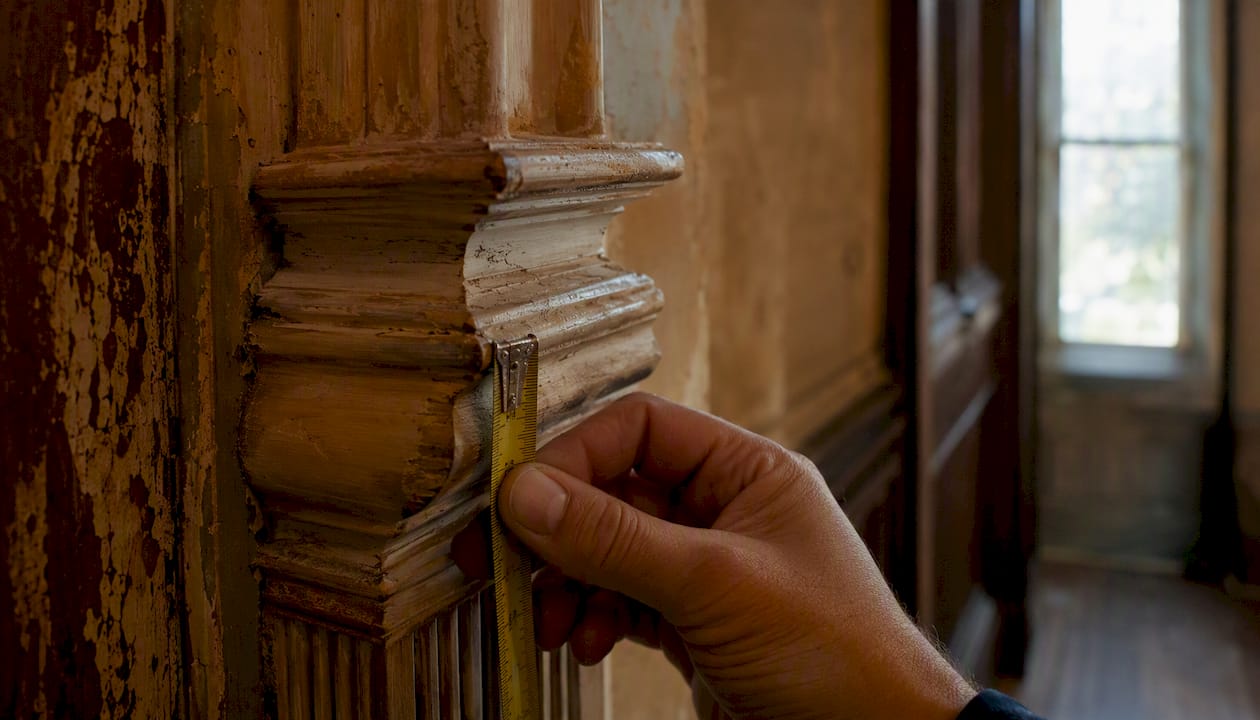 Hand measuring timber moulding profile with ruler