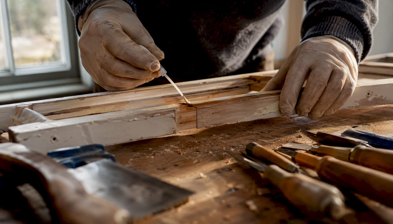 Hands repairing timber sash window in heritage home