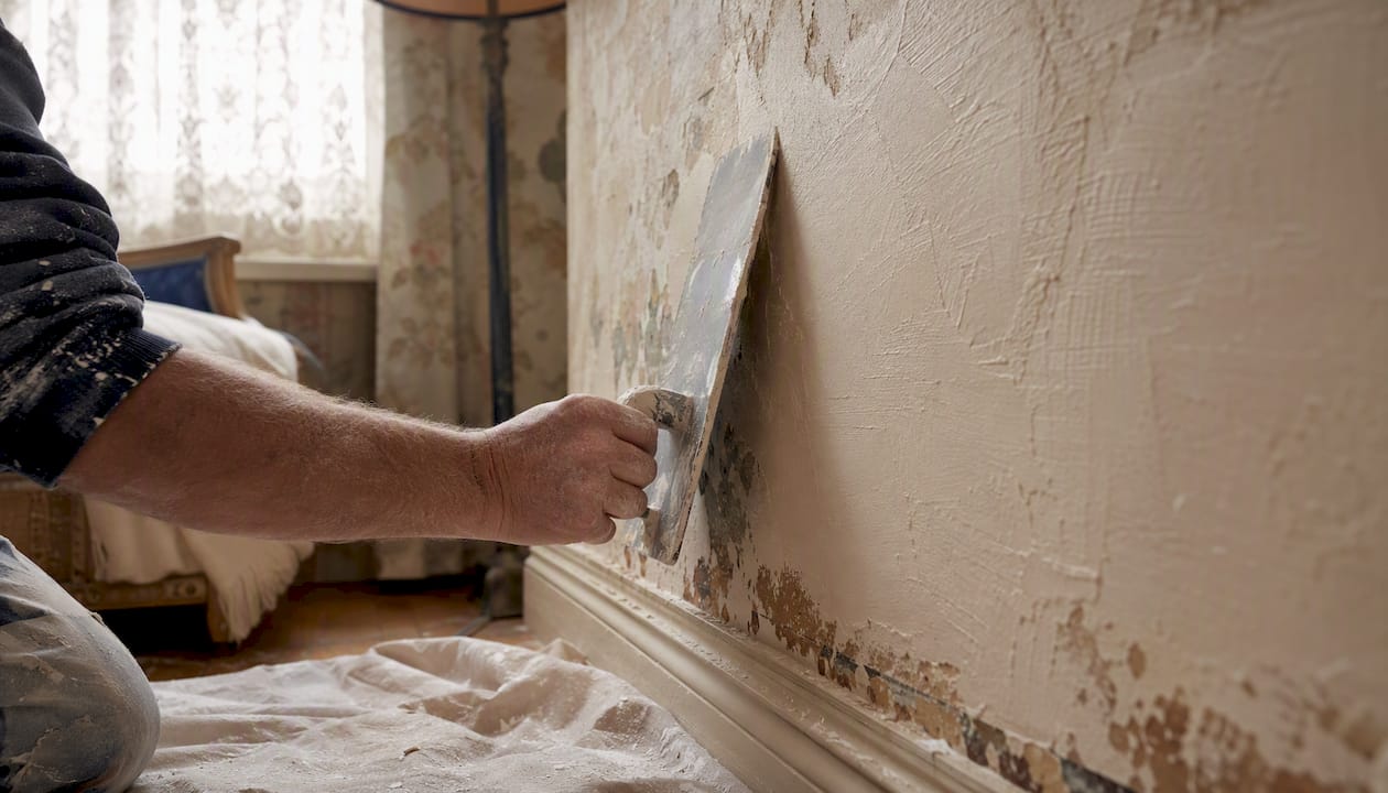 Applying lime plaster on period home interior wall