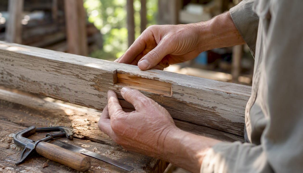 Hands performing heritage timber splice repair