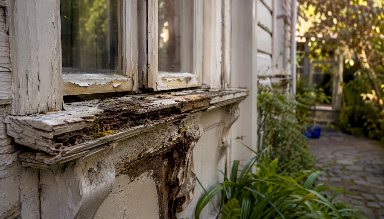 Close-up of decayed timber window sill