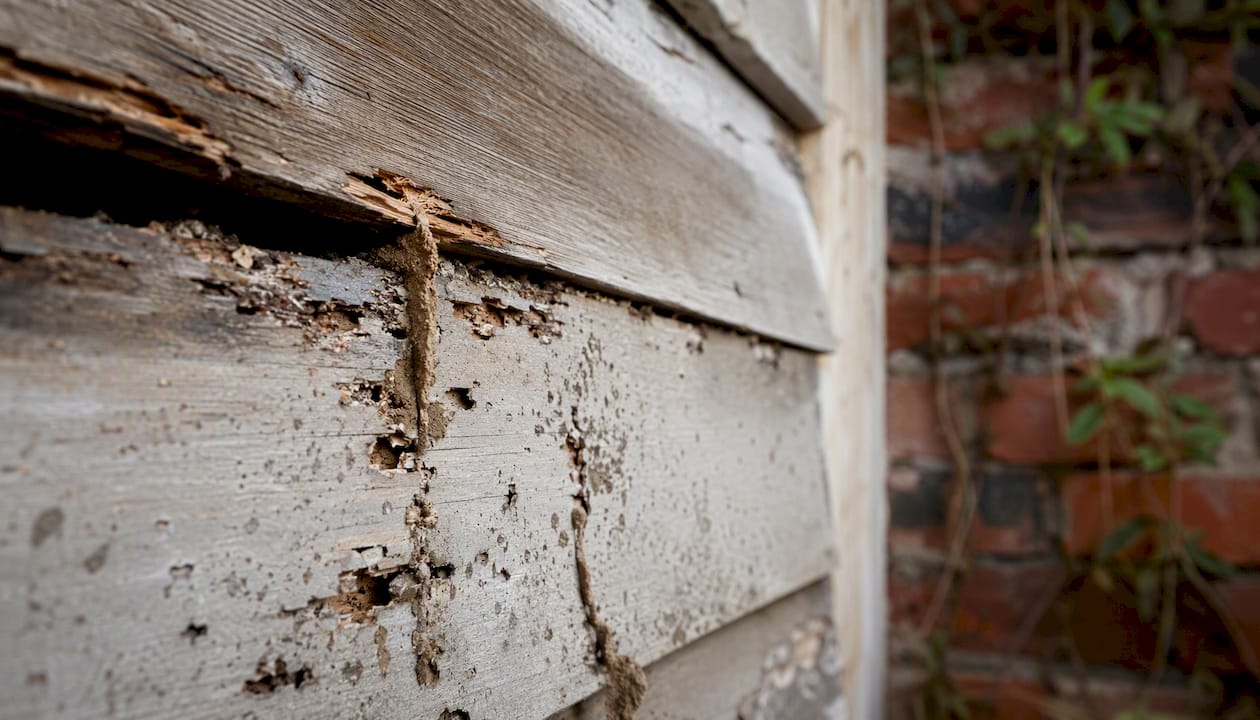 Rotten timber and termite mud tubes on weatherboard