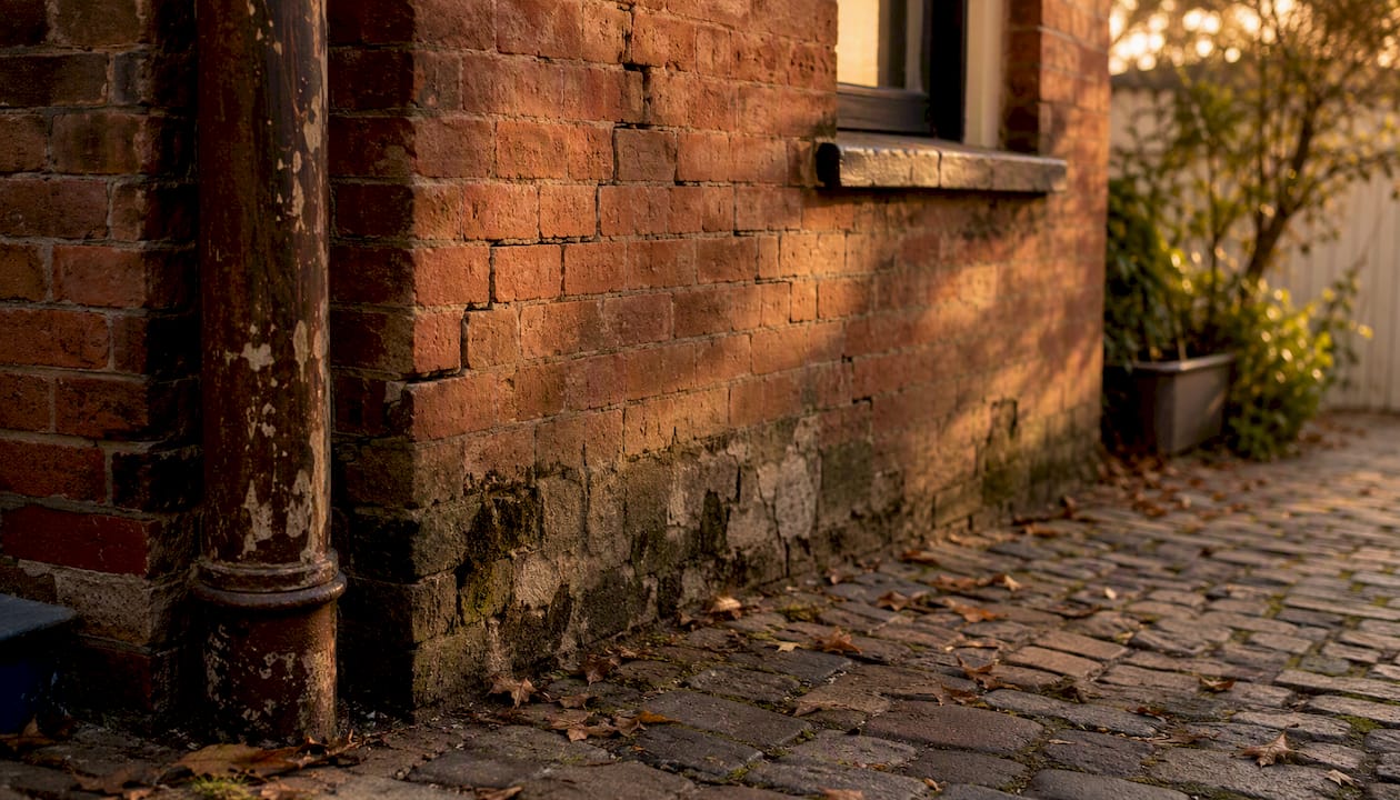 Cracked masonry wall with damp stains