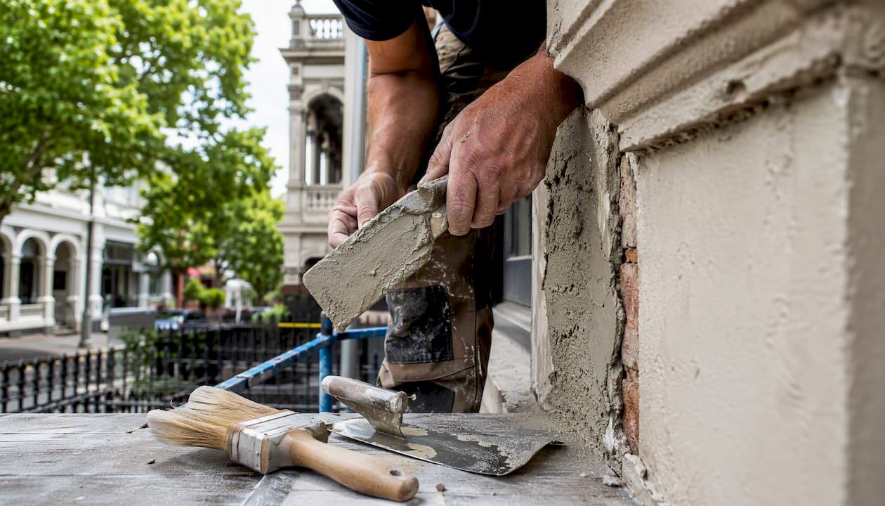 Hands repairing render patch on heritage wall